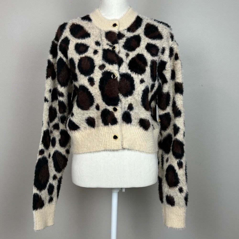 Altar'd State Cardigan Sweater Womens Small Beige Animal Print Fuzzy Cropped
